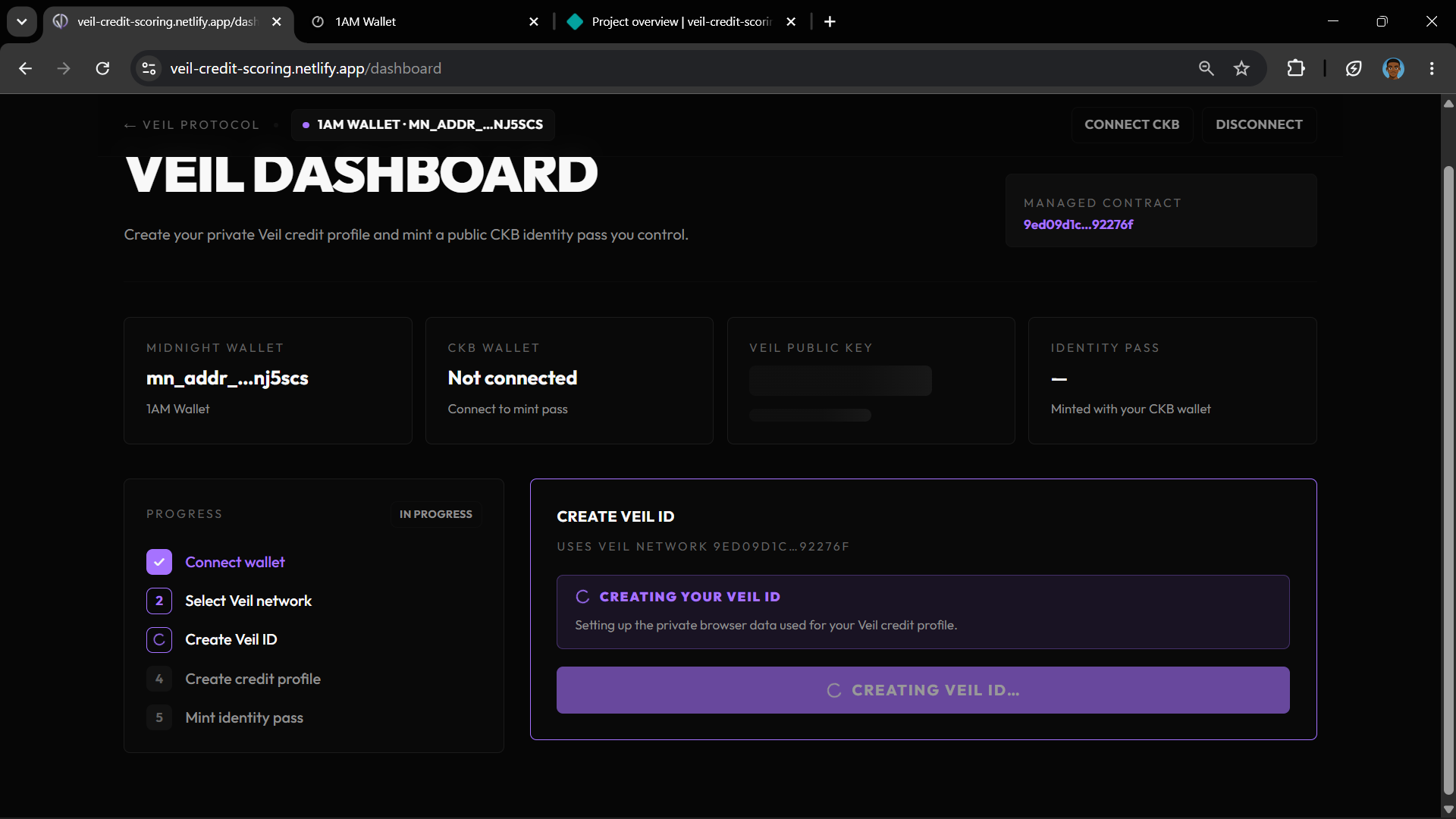 Dashboard showing Veil ID creation in progress